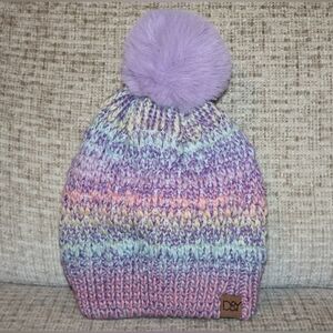 David and Young Kids' Pastel Knitted Pom Pom Beanie in Lavender & Rainbow. New.